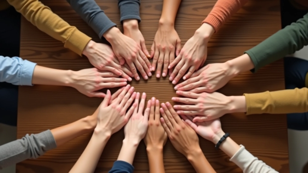 Verschiedene Menschen halten sich an den Händen in einem Kreis, Symbol für Gemeinschaft und gegenseitige Unterstützung
