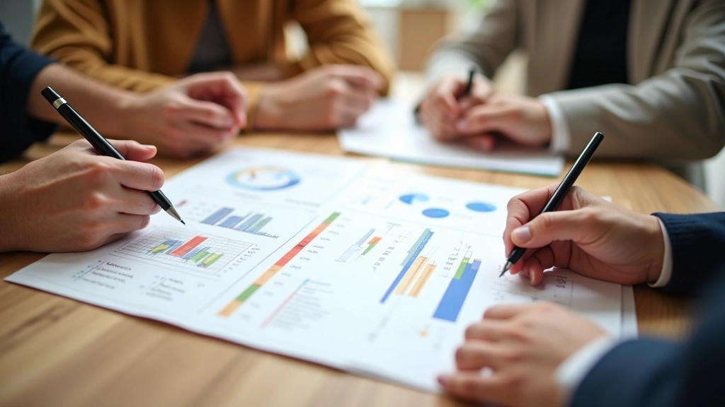 Mehrere Hände deuten auf eine Finanzplan-Skizze auf Papier, Zusammenarbeit sichtbar