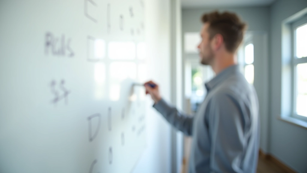 Person schreibt Finanzplan auf Whiteboard, strategische Notizen und Diagramme sichtbar