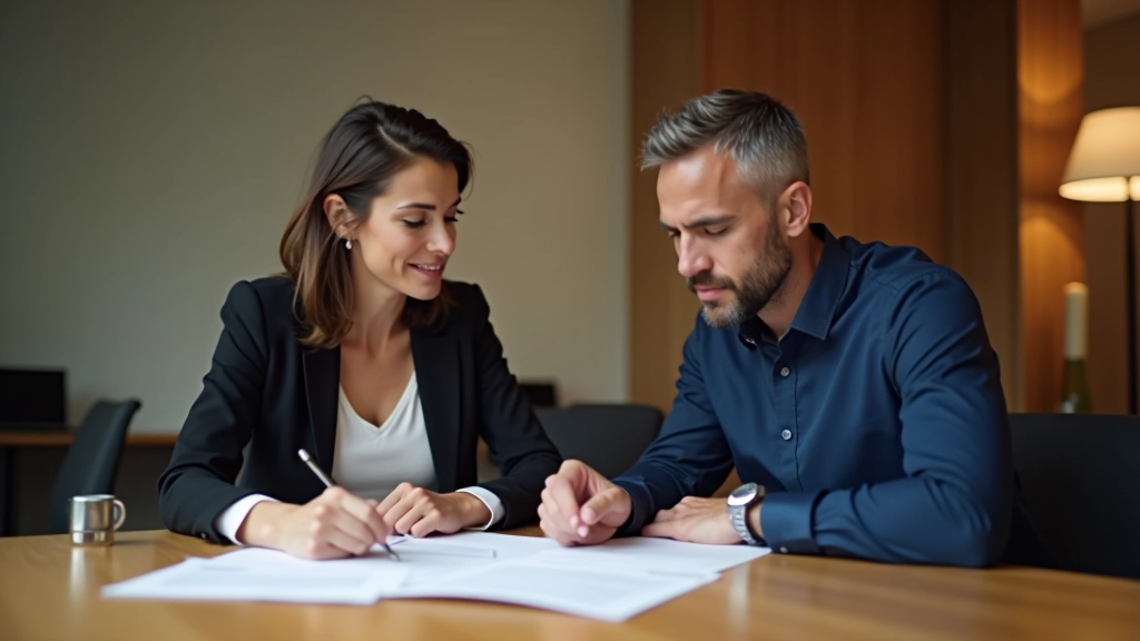 Zwei Geschäftskollegen besprechen Finanzpläne an einem Tisch mit Notizblöcken und Stiften